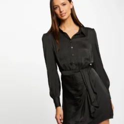 Robe Droite Drapée Satinée Noir Femme