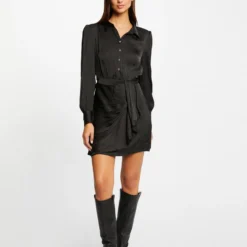 Robe Droite Drapée Satinée Noir Femme 7 Robe Droite Drapée Satinée Noir Femme -Morgandetoi Boutique robe droite drapee satinee noir femme vue5 32536300946440100