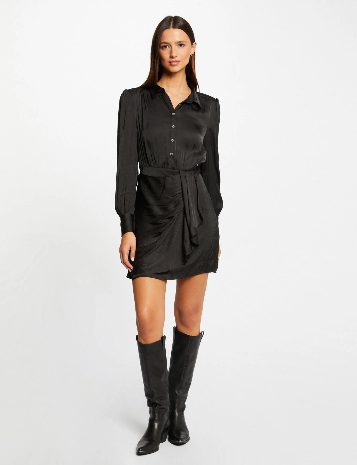 Robe Droite Drapée Satinée Noir Femme 3 Robe Droite Drapée Satinée Noir Femme – Image 3