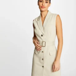 Robe Droite Sans Manches Ceinturée Beige Femme
