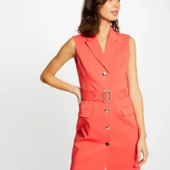 Robe Droite Sans Manches Ceinturée Rouge Femme