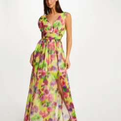 Robe Longue Cintrée Imprimé Abstrait Multico Femme