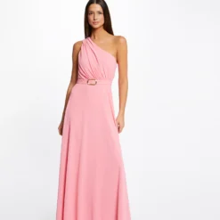Robe Longue évasée Asymétrique Rose Clair Femme