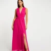Robe Longue évasée Fendue Rose Fonce Femme
