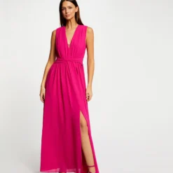 Robe Longue évasée Fendue Rose Fonce Femme
