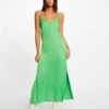 Robe Longue évasée Fendue Satin Vert Clair Femme