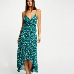 Robe Longue évasée Imprimé Abstrait Vert Femme