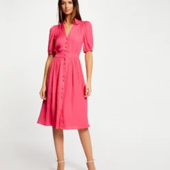 Robe Manches 3/4 Boutonnée à L'avant Rose Moyen Femme -Morgandetoi Boutique robe manches 34 boutonnee a lavant rose moyen femme vue5 32536300928060514