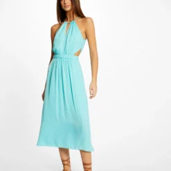 Robe Midi évasée à Encolure Américaine Bleu Clair Femme