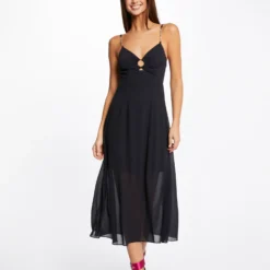 Robe Midi évasée Bretelles Chaînes Marine Femme