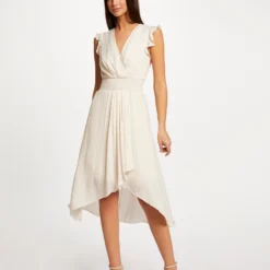 Robe Midi évasée Fluide Drapée Smockée Ecru Moyen Femme