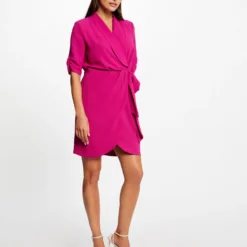 Robe Portefeuille Manches 3/4 Framboise Femme -Morgandetoi Boutique robe portefeuille manches 34 framboise femme vue5 32536300942440502