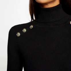 Robe Pull Ajustée Col Roulé Et Boutons Noir Femme -Morgandetoi Boutique robe pull ajustee col roule et boutons noir femme vue4 32536300950010100