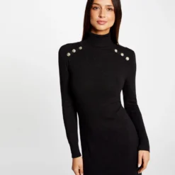 Robe Pull Ajustée Col Roulé Et Boutons Noir Femme -Morgandetoi Boutique robe pull ajustee col roule et boutons noir femme vue5 32536300950010100