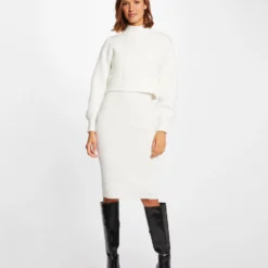 Robe Pull Ajustée Effet 2-en-1 Ecru Femme