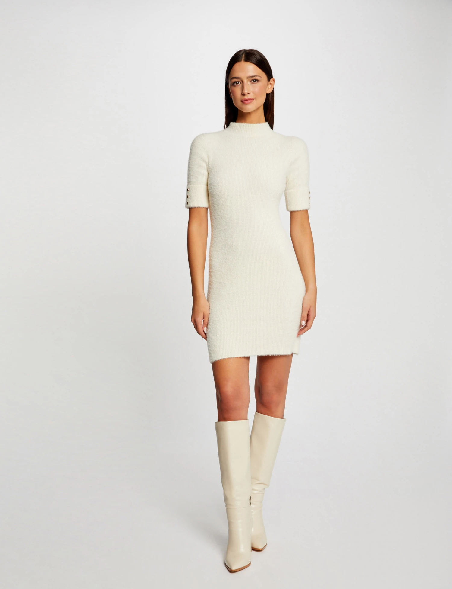 Robe Pull Ajustée Manches Courtes Ivoire Femme 3 Robe Pull Ajustée Manches Courtes Ivoire Femme – Image 3