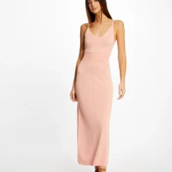 Robe Pull Longue Ajustée à Bretelles Rose Moyen Femme