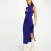 Robe Pull Longue Ajustée Avec Fente Bleu Moyen Femme