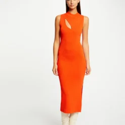 Robe Pull Longue Ajustée Avec Fente Orange Femme