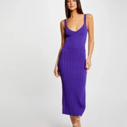 Robe Pull Longue Ajustée Fendue Violet Femme