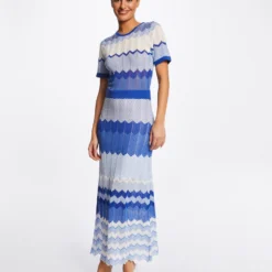 Robe Pull Longue Droite Imprimé Chevron Bleu Moyen Femme