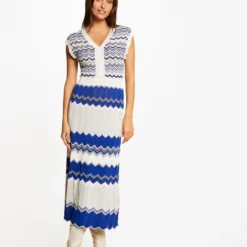 Robe Pull Longue Droite Imprimé Chevron Bleu Moyen Femme