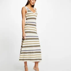 Robe Pull Longue Droite Imprimé Chevron Ivoire Femme