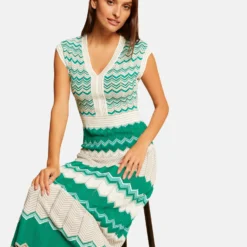 Robe Pull Longue Droite Imprimé Chevron Vert Femme -Morgandetoi Boutique robe pull longue droite imprime chevron vert femme vue4 32536300932590600