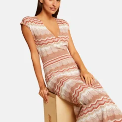 Robe Pull Longue Droite Imprimé Chevron Vieux Rose Femme