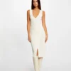 Robe Pull Midi Ajustée Col En V Ivoire Femme