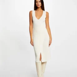 Robe Pull Midi Ajustée Col En V Ivoire Femme