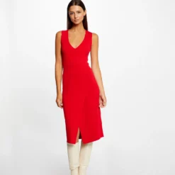 Robe Pull Midi Ajustée Col En V Rouge Femme
