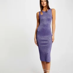 Robe Pull Midi Ajustée Fils Métallisés Violet Femme