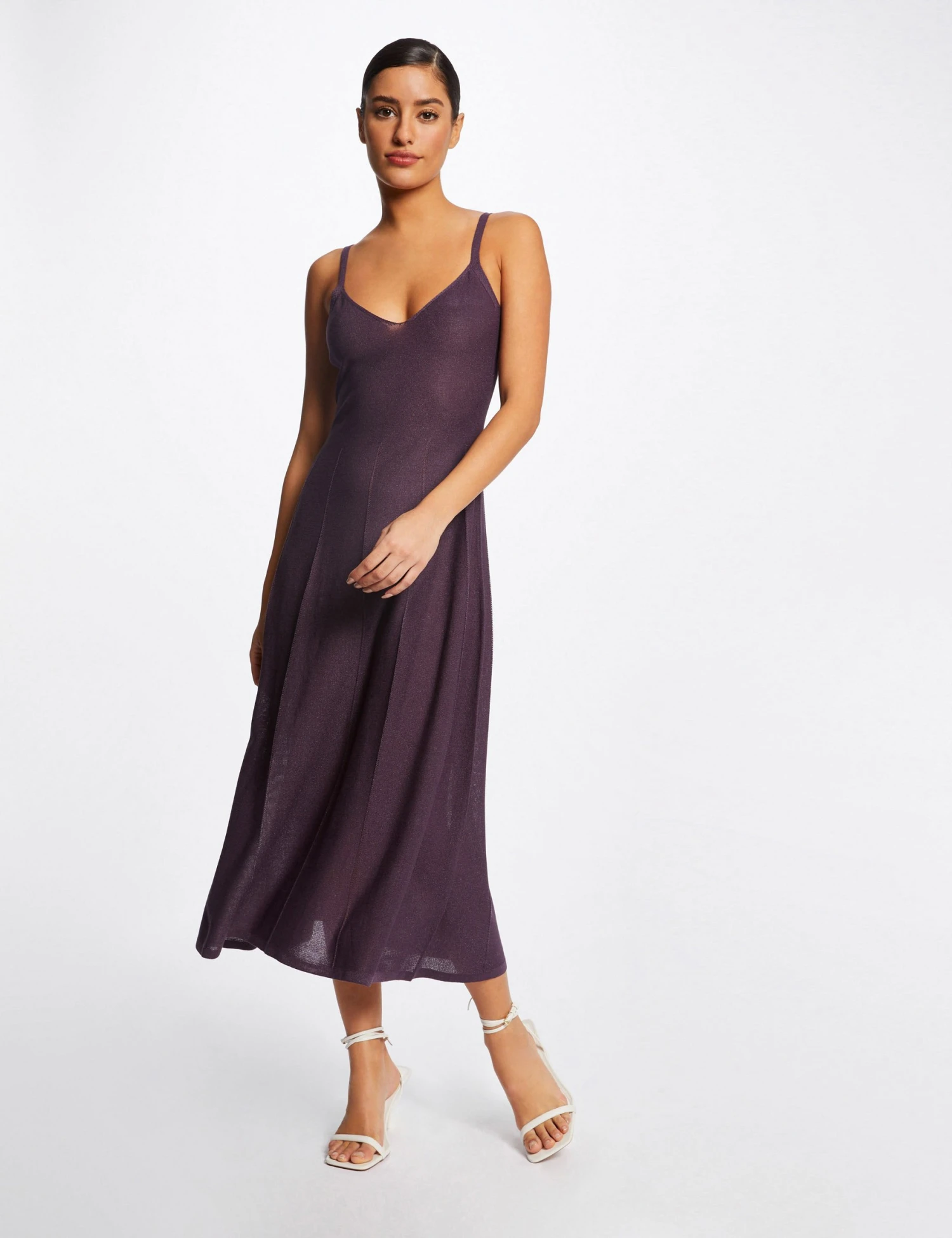 Robe Pull Midi évasée à Bretelles Fines Prune Femme 1 Robe Pull Midi évasée à Bretelles Fines Prune Femme