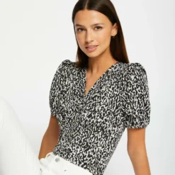 T-shirt à Boutons Imprimé Animalier Multico Femme