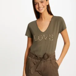 T-shirt à Manches Courtes Vert Kaki Femme