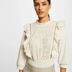 T-shirt Manches 3/4 Avec Broderie Ivoire Femme