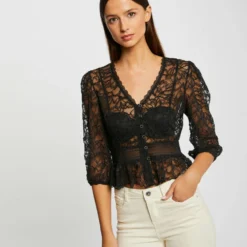 T-shirt Manches 3/4 En Dentelle Noir Femme