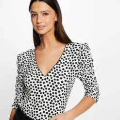 T-shirt Manches 3/4 Imprimé à Pois Ecru Femme