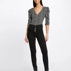 T-shirt Manches 3/4 Imprimé à Pois Noir Femme -Morgandetoi Boutique t shirt manches 34 imprime a pois noir femme vue5 32536300945580100