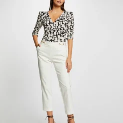 T-shirt Manches 3/4 Imprimé Géométrique Ecru Femme -Morgandetoi Boutique t shirt manches 34 imprime geometrique ecru femme vue5 32536300924220201