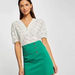 T-shirt Manches Courtes à Broderie Ecru Femme