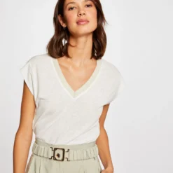 T-shirt Manches Courtes à Col En V Ecru Femme