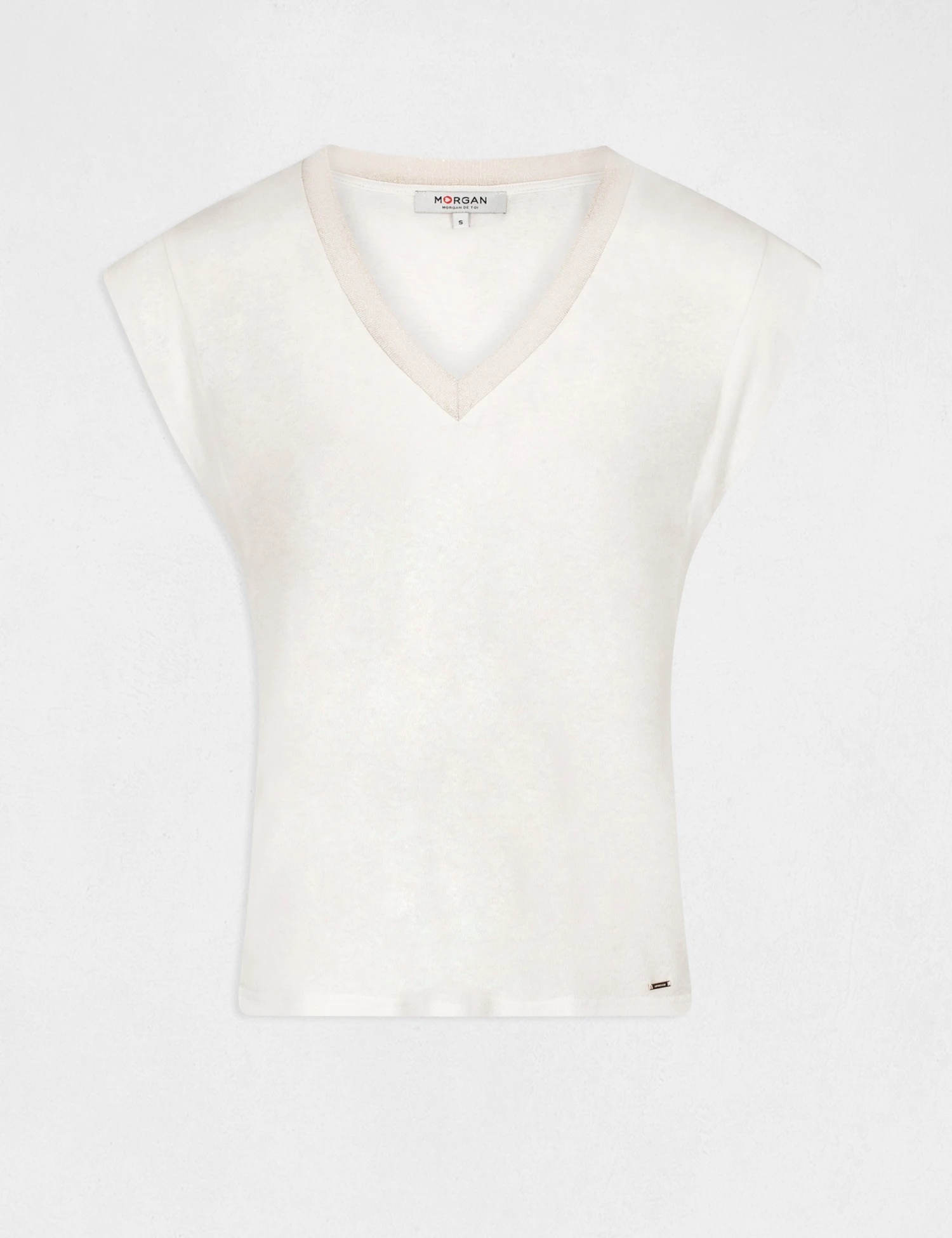 T-shirt Manches Courtes à Col En V Ecru Femme 4 T-shirt Manches Courtes à Col En V Ecru Femme – Image 4