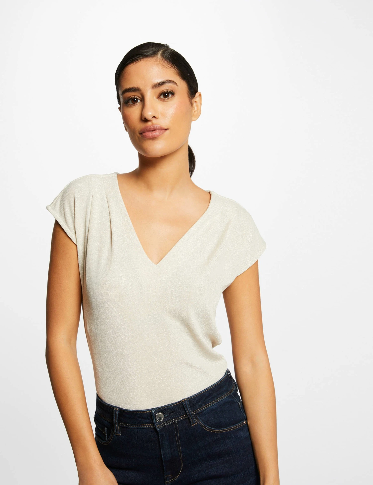 T-shirt Manches Courtes à Col En V Ivoire Femme 1 T-shirt Manches Courtes à Col En V Ivoire Femme