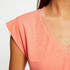 T-shirt Manches Courtes à Col En V Orange Femme -Morgandetoi Boutique t shirt manches courtes a col en v orange femme vue4 32536300896410703