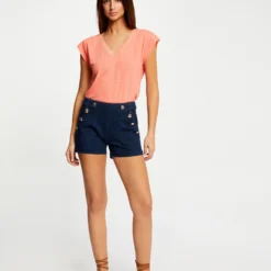 T-shirt Manches Courtes à Col En V Orange Femme -Morgandetoi Boutique t shirt manches courtes a col en v orange femme vue5 32536300896410703