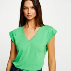 T-shirt Manches Courtes à Col En V Vert Femme