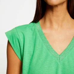T-shirt Manches Courtes à Col En V Vert Femme -Morgandetoi Boutique t shirt manches courtes a col en v vert femme vue4 32536300896410600