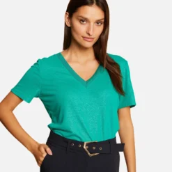 T-shirt Manches Courtes à Col En V Vert Moyen Femme
